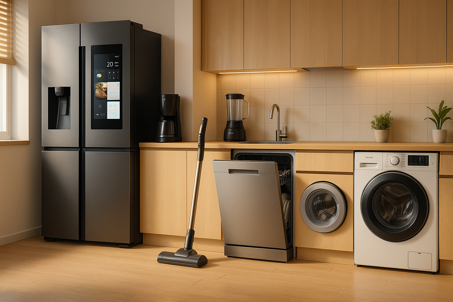"A modern, stylish kitchen and laundry area filled with sleek, high-quality electric household appliances – smart fridge, coffee machine, blender, vacuum cleaner, dishwasher, washing machine – arranged neatly, warm natural lighting, clean and minimal design, inviting and futuristic, high resolution, professional e-commerce website hero image, focus on technology, comfort, and convenience, vibrant but realistic colors"